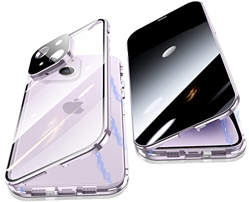 Jonwelsy Anti Peeping Hülle für iPhone 14 Plus (6.7), 360 Grad Schutz Case, Privatsphäre Gehärtetes Glas Anti-Spähen Cover, Stark Magnetische Adsorption Metallrahmen Handyhülle für 14 Plus (Violett)