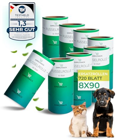 SIMPLYHACK - Fusselrolle - [8er] Set - 720 Blatt - Ersatzrollen für gängige Fusselrollen - hohe Klebekraft - Fusselrolle Tierhaare - benutzte Blätter Lassen Sich leicht entfernen