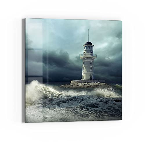 DEQORI Glasbild Echtglas | Motiv Leuchtturm im Sturm | quadratisch einteilig 50x50 cm | schöne Dekoration | Wandbild für Wohnzimmer, Schlafzimmer, Flur & Küche | moderne Wanddeko