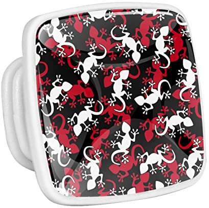 Eslifey 4 Stück Schrankknöpfe, rot und weiß, Salamander-Muster, Schubladenknöpfe, quadratische Glasknöpfe, Kommode, Hardware, Schrank, Kleiderschrank, Griffe für Küche, leuchtet im Dunkeln