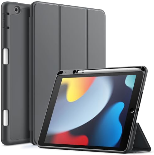 JETech Hülle für iPad 10,2 Zoll Modell 2021/2020/2019 (9./8./7. Generation) mit Stifthalter, Dünne Tablet Schutzhülle mit Weicher TPU Rückseite, Auto Wachen/Schlafen (Dunkelgrau)