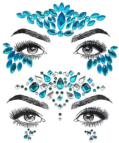 Gemme per il viso blu per festival, rave e feste di Halloween, gioielli adesivi glitterati – Selezione premium di gemme per il viso con strass (2 pezzi) - unel