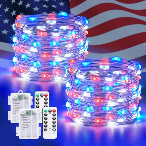 JMEXSUSS 2 Pack 100 LED Red White and Blue Fairy Lights Battery Operated, 33ft Battery Powered Twinkle Light with Remote, 8 Modes Red White and Blue String Lights for 4th of July Indoor Outdoor Decor