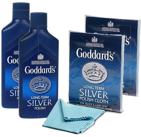 Goddard's Polishing Kit Long Term 2 Pack Silver Polish Cloth and 2 Pack Silver Polish Cleaner jewelry also use in Dinnerware, Antiques, Silverware Helps Shine, Protect & Clean