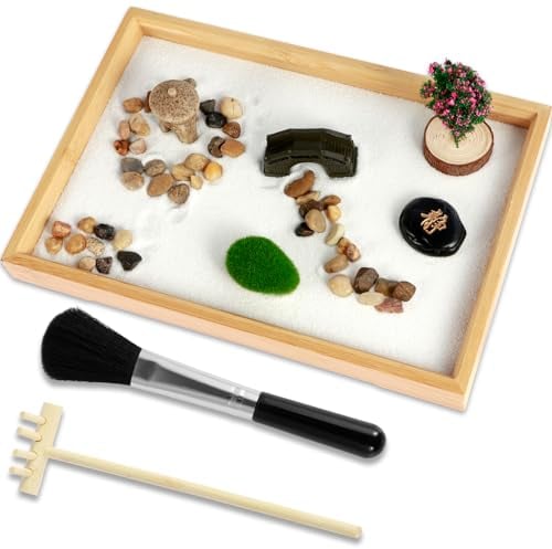 Littleduckling Zen Garden Kit 28 x 19cm DIY Zen Sand Rock Garden Set Mini Desktop Zen Decor for Home Office Living Room Chinese Zen Garden with Bridge Tree Sand Tray Meditation Zen Sand Gifts