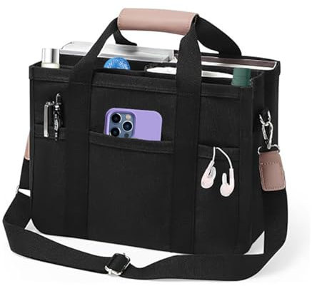 AioTio Canvas Tragetasche Damen Multi-Pocket Tasche Casual Organisiert Schultertasche Tote Bag für Student, Mütter, Büroangestellte(Schwarz)