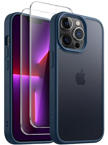 JETech 3 in 1 Matte Case for iPhone 13 Pro 6.1-Inch with 2-Pack Tempered Glass Screen Protector, Translucent Frosted Shockproof Phone Cover (Storm Blue)