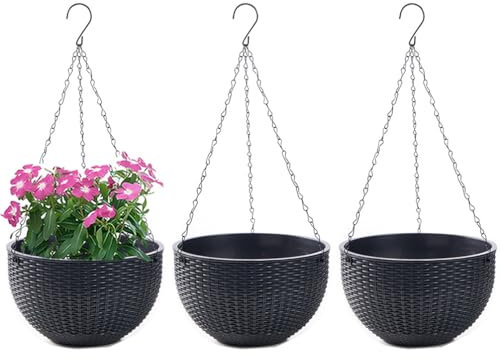 WOWEI 3 Piezas Macetas Colgantes para Plantas con Almacenamiento de Agua y Orificio de Drenaje Macetas de Autorriego Cesta Colgante Flores Suculentas Con Cadenas Inoxidables (Negro, L)