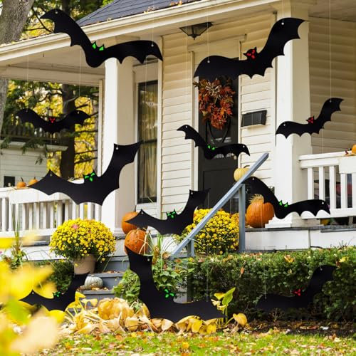 Renyigou 12 Stück Halloween hängende Fledermäuse schwarze fliegende Fledermaus hängende Dekorationen mit leuchtenden Augen für Fenster zu Hause, Halloween, Outdoor, Hof, Innen- und Außenbereich,