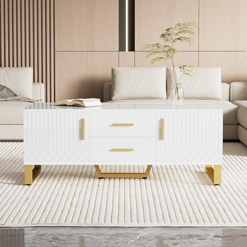 MSMOK Couchtisch, goldenen Griffen und Beinen Hochglanz-Couchtisch mit Schubladen. Mit offenem Staufach und speziellem Türverkleidungsdesign (Weiß)