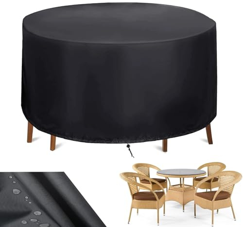 Rund Abdeckung für Gartenmöbel Abdeckung Gartentisch Wasserdichte, Gartentisch Abdeckplane 420D Oxford Gewebe für Gartentische Terrassenmöbel Winddicht UV Beständiges Schutzhülle, Schwarz Ø 160x100cm