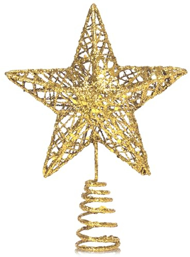 GXFCING Gold Christmas Tree Topper Large Glitter Star for Christmas Tree 3D Metal Hollow Tree Top Star for Xmas Tree Topper Christmas Home Decorations 25cm