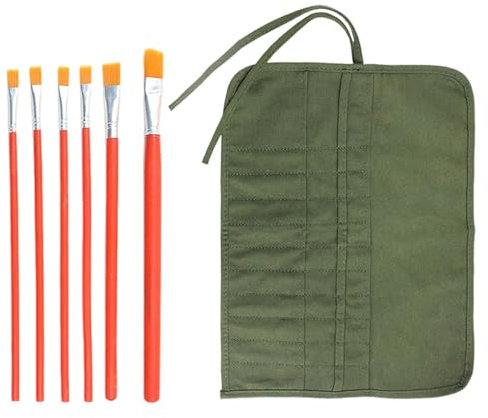 1 Stück Grüne Pinsel-Aufbewahrungstasche Und 6 Stück Pinsel, Leinwand-Pinseltasche, Pinseltasche Mit Mehreren Fächern, Tragbare Pinseltasche