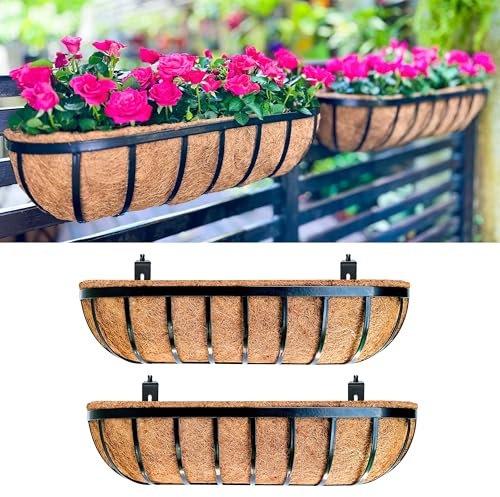 LaLaGreen Pflanzkasten für Geländer, 76,2 cm, schwarz, Metall, groß, rechteckig, Blumenkasten mit Kokosauskleidung, Wandbehang, Pflanzgefäß für Outdoor-Pflanzen, Deckschiene, Pferdetroge, Zaun,