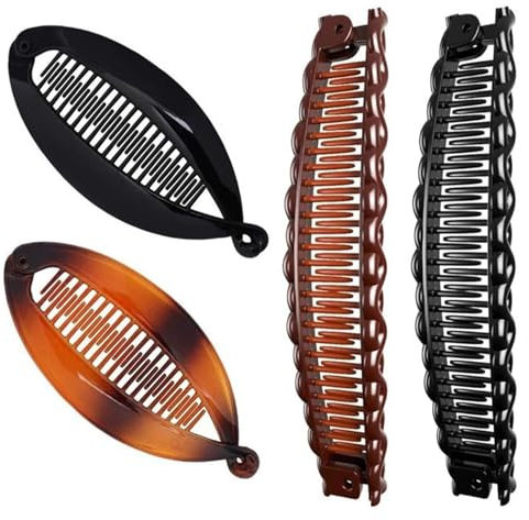 Lot de 4 barrettes bananes antidérapantes vintage pour femme - Épais et fins - Cheveux lisses et bouclés - Queue de cheval - Pour coiffures tendance
