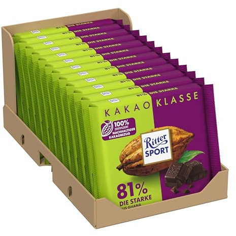 Ritter Sport 81% Ghana Kakao Schokolade - Die Starke, Zartbitterschokolade mit intensivem Kakao-Geschmack, Schokoladen-Klassiker zum Teilen mit Freunden, 12 x 100g Tafeln