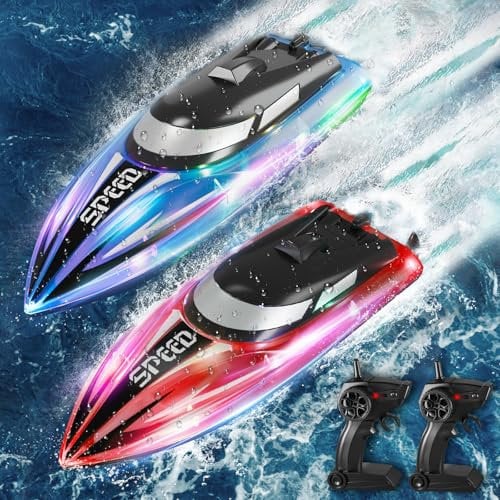 YOOHBERRYS Ferngesteuertes Boot 2 Stück, RC Boot mit LED-Licht für Pools und Seen, 2,4 GHz Ferngesteuerte Boote RC Rennboot, Speedboot Poolspielzeug für Kinder und Erwachsene (Rot + Blau)