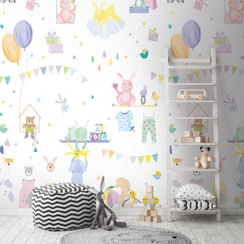 Profhome Papier Peint Panoramique Bébé - Animaux Mignons et Ballons - Multicolore Pastel (Rose, Bleu, Jaune) - Tapisserie Murale Intissée pour Chambre d'Enfant - 0,53 x 8,80 m - 391881-GU