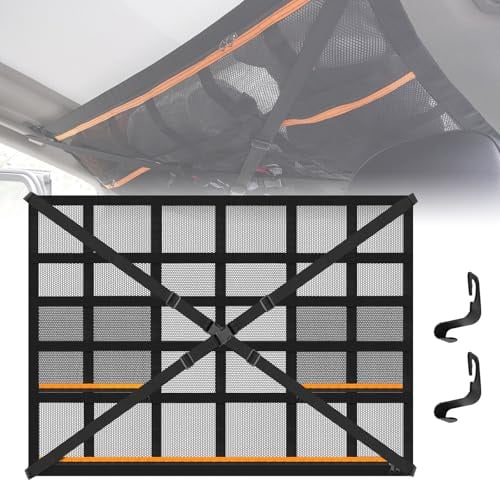 Gepäcknetz Auto, Auto Camping Zubehör, Gepäcknetz Wohnmobil Autodach, 90 × 65 cm Aufbewahrungsnetz mit 3 unabhängige Reißverschlusstaschen 2 Haken und Verstellbare Kreuzgurte, für Vier Dacharmlehnen