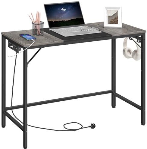 HOOBRO Computer Desk with Power Outlet, Office Desk with 3 Hooks, Gaming Desk 100 cm, Modern Study Writing Table for Study Room, Home Office, Industrial Design, Charcoal Gray and Black EBC41KDN01