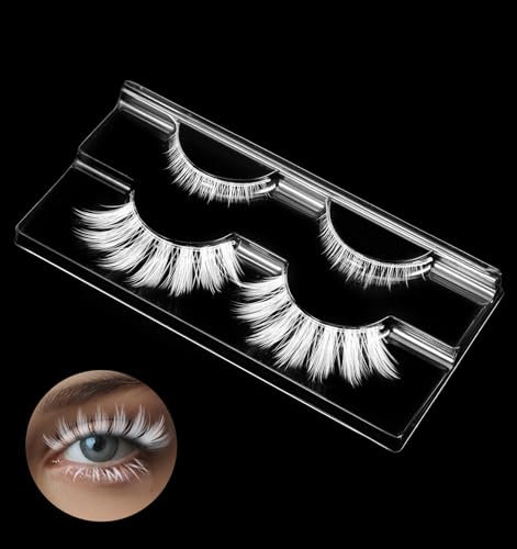 Lot de 2 paires de cils blancs en fibres synthétiques de qualité supérieure pour cosplay, Halloween et maquillage de scène, style de maquillage japonais légers et réutilisables avec volume naturel