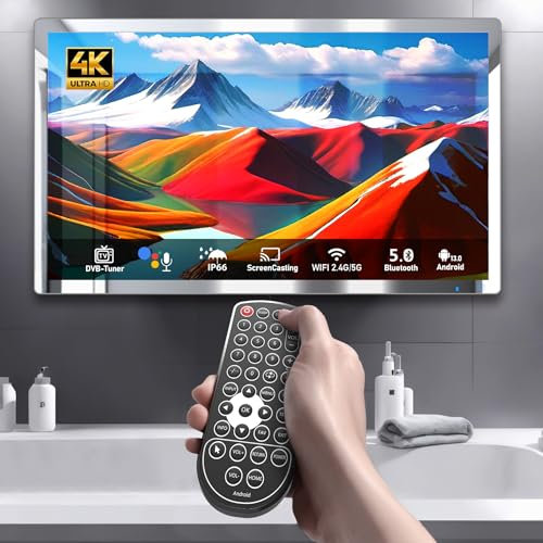 (Android 13)4K Ultra HD 32 inch Smart Bathroom Mirror TV IP66 Waterproof Android TV Supports Voice Assistant, Built-in DVB-T/T2/C/S/S2 Tuner, HDMI (ARC), SPDIF Bluetooth, Wi-fi (Silver frame)