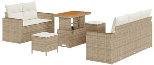 vidaXL 8-teiliges Garten-Sofa-Set mit Kissen in Beige aus Poly-Rattan und Akazie. Modulares Gartenmöbel-Set für die Lounge auf Terrasse oder Patio. Modernes Ensemble.