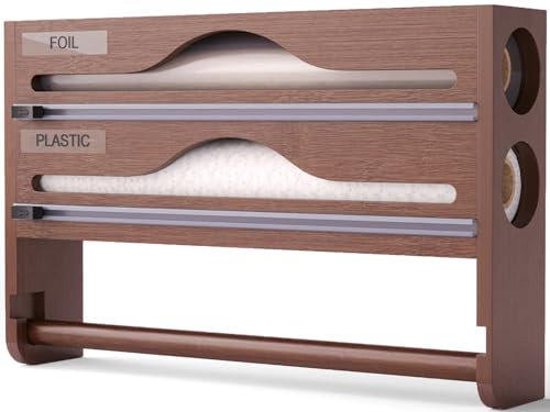 Bamboo Kitchen Roll Cling Film and Foil Organiser Wall Mounted,4-In-1 Dispenser and Cutter Kitchen Roll Dispenser,Freezer Bag Holder for Kitchen Drawer,Foil Holder,Countertop Organizer B,3 IN 1