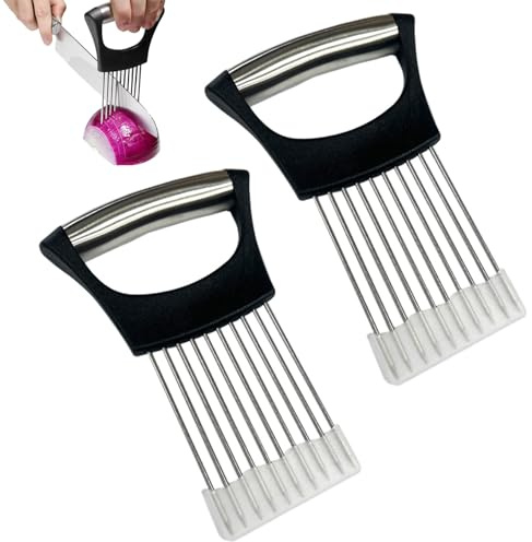 SiumPklay 2 Pack Onion Slicer with Protective Cover Stainless Steel Onion Holder for Slicing Vegetable & Fruit Cutter for Potato, Tomato Avocado Meat Kitchen Gadgets with Nonslip Grip Dishwasher