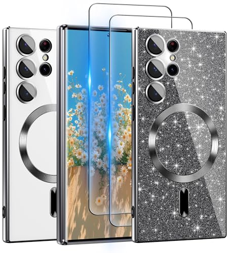 Clear Handyhülle für Samsung Galaxy S23 Ultra Hülle: 【magsafe Fit】【mit Passfarbiger Glitzerkarte & Schutzfolien 】 360° Kamera-Schutz,Nie Vergilbung,Schutz nach Militärstandard für S23 Ultra,Schwarz