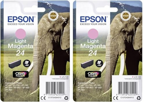 Epson Original 24 Tinte Elefant (XP-750, XP-850, XP-950, XP-55, XP-760, XP-860, XP-960, XP-970), hell Magenta (Packung mit 2)