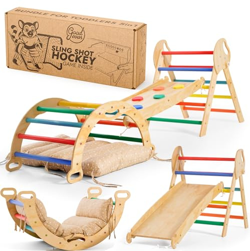 Goodevas 5-in-1 Montessori Klettergerüst Set: Indoor Kletterdreieck, Kletterbogen mit Kissen, und Rutsche für Kinder, Indoor Spielplatz 1-3 Jahre