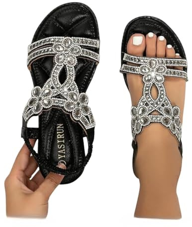 Flat Rhinestones Sandals For Women 2026 uk,Wide Width Bohemian Sparkling Women's Walking Non Slip On Casual Summer Beach Shoes Ankle Elastic Strap Lightweight Comfortable Flats Dressy Outdoor