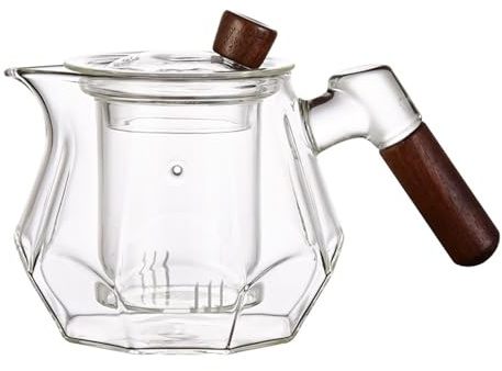 Teiera in vetro resistente al calore con manico in legno, teiera singola filtrata for tè Gongfu, bollitore for tè sicuro sul piano cottura