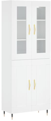 HETFTJN Highboard Weiß 69,5 x 34 x 180 cm Holzwerkstoff mit Glasfront und Metallfüßen Modernes Sideboard mit großzügigem Stauraum für Wohnzimmer Küche Flur