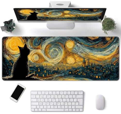 Vesavifaka Desk Mat, Extended Large Gaming Mouse Pad Desk Mat with Anime Design, XXL Mouse Pad 800 x 300 mm for Computer, Office, Gaming and Home (Starry Sky Cat)