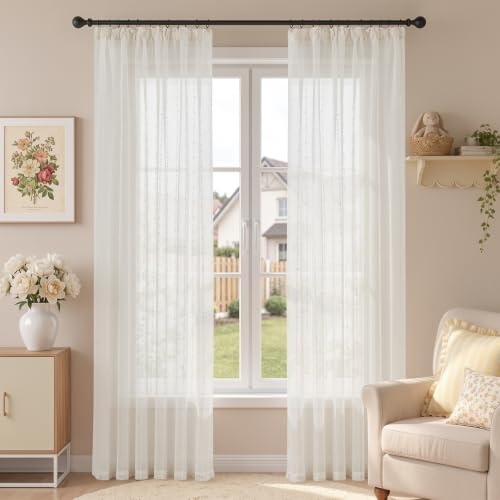 TOPICK Gardinen mit Kräuselband Vorhänge mit Punkten Weiß H200xB132 2er Set | Lichtdurchlässig Leinenoptik modern Gardinenschals Wohnzimmer Landhausstil Kinderzimmer Schlafzimmer curtains living room