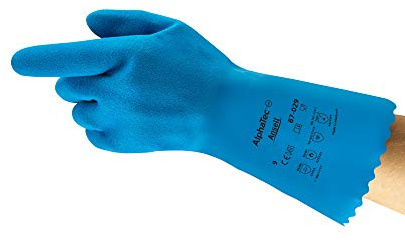 Ansell AlphaTec 87-029 Chemikalienschutz-Handschuhe, Chemisch Beständig, Lebensmittelkontakt, Gebogenen Fingeren, Arbeitshandschuhe Damen Herren, Größe L (12 Paar)