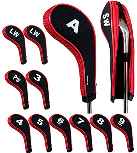 Andux Number Print Golf Iron Club Head Covers Long Neck with Zipper 12pcs/Set Black/red