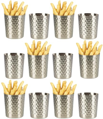 dine@drinkstuff Hammered Chip Cup, Stainless Steel, 10cm, Pack of 12 | Hammered texture finish, 500ml capacity per cup, Round shape, Suitable for chips, bread sticks, churros