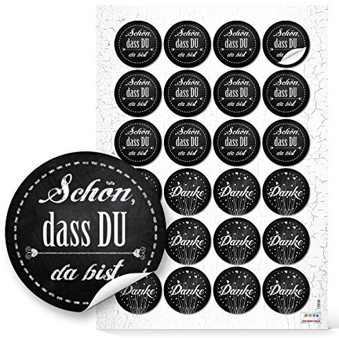 Logbuch-Verlag 12 Schön dass du da bist + 12 Danke Aufkleber schwarz-weiß Gäste Geschenke Fest 4 cm rund
