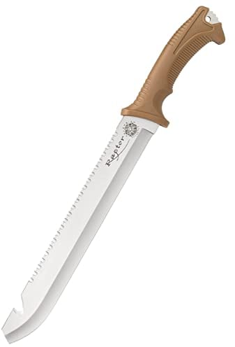 Colombian Raptor Sawback Machete und Scheide – 3Cr13 Edelstahlklinge mit Haken, griffigem ABS-Griff, klarer Pinsel und Trailblaze, für Camping und Wandern, Länge 45,7 cm, Braun