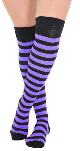Crazy Chick New Ladies Girls Stripe Stripy Striped Over The Knee Thigh High Long Socks Assorted Colours UK Size 4-6 (Black & Purple)