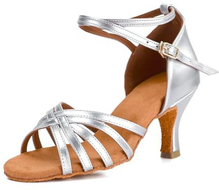 VASHCAME - Damen Hoher Absatz Tanzschuhe Standard/Latein Silber Absatzhöhe 7cm 38