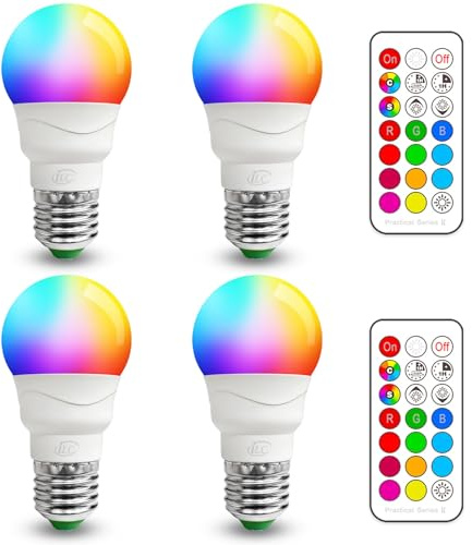 ILC RGB LED Light Bulb, Color Changing Light Bulb, 40W Equivalent, 450LM, 2700K Warm White 5W E26 Screw Base RGBW, A15 Colored Light Bulbs - 12 Color Choices - Timing Infrared Remote Control (4 Pack)