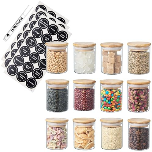 ORNAMI Small Glass Food Jar with Natural Bamboo Lid and Silicone Ring for Airtight Sealing, Little Clear Canister Jar for Kitchen Storage, for Grains, Seeds, Salt, Pepper, Spices - Set of 12 (200ml)