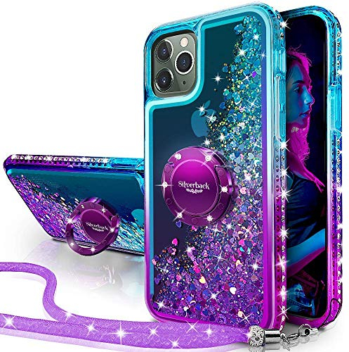 Silverback for iPhone 11 Pro Case, Moving Liquid Holographic Glitter Sparkly Case with Kickstand, Bling Diamond Ring Shockproof Protective Cover for Girls Women for iPhone 11 Pro 5.8 inch -Purple