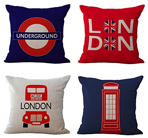 Kissenbezug, britischer Stil, Baumwolle, Leinen, weich, quadratisch, Sofa, London, 4 Stück
