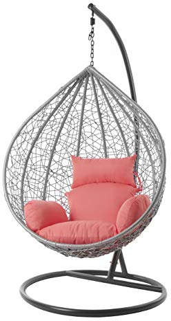 Kideo® Komplettset: großer Hängesessel mit Gestell & Kissen, Lounge Möbel, Poly-Rattan, XXL, grau (Kissen: rosa Nest (3400 Coral))