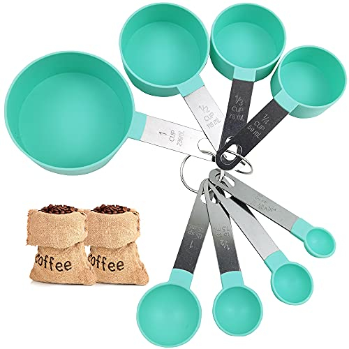 Cucharas Medidoras,Juegos de 8 Cucharas Medidoras y Tazas de Medición Plastico con Mango De Acero Inoxidable para Medir Líquidos y Los Ingredientes